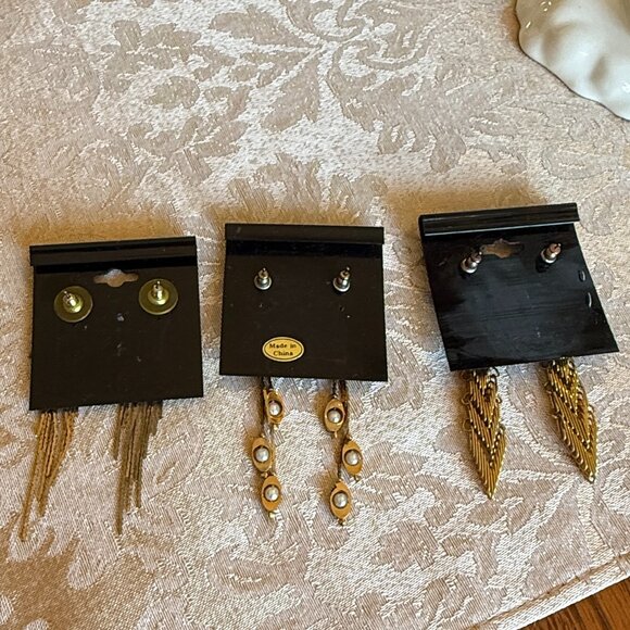 3 Pairs of 1980s Gold 3" Dangle Earrings Never Worn - Picture 15 of 15